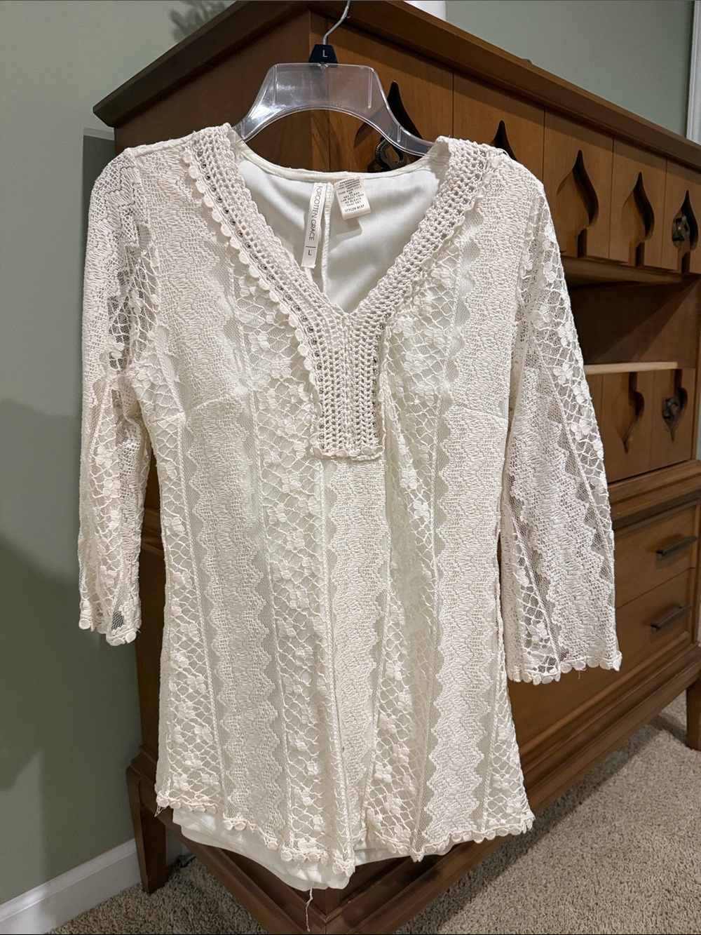 Lace Crochet V-Neck Women's Tunic in Cream